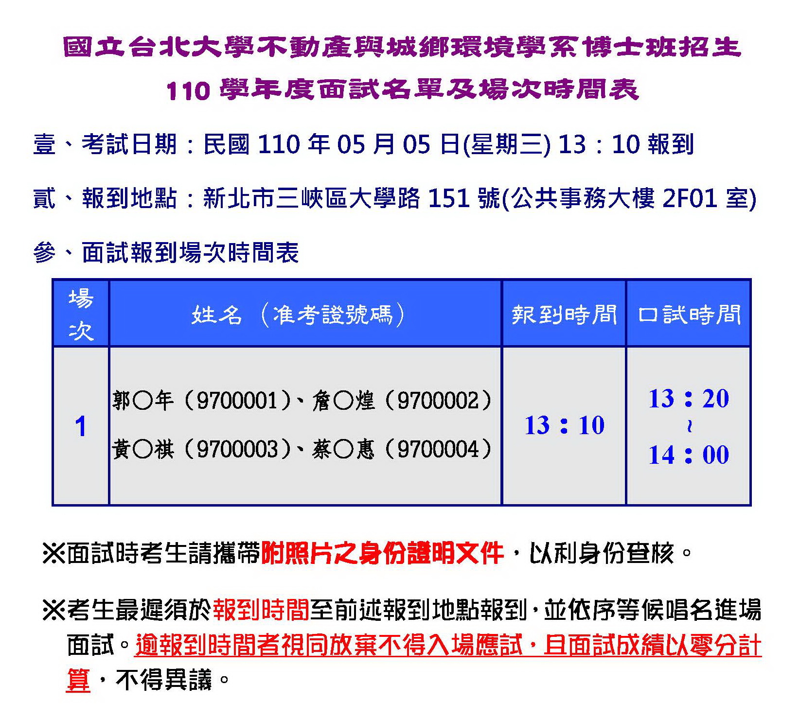 不動產與城鄉環境學系110學年度博士班招生入學面試時間分配表