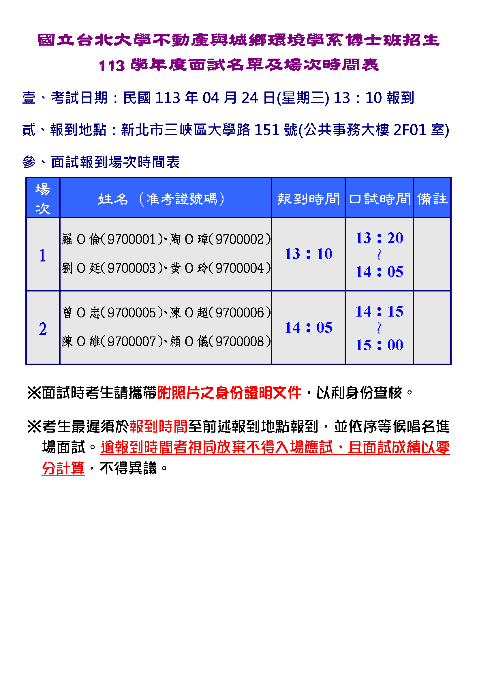 113學年度博士班招生入學面試時間分配表